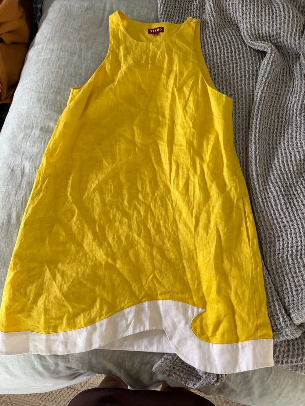 STAUD Bright Yellow Sleeveless Linen Tunic with White Hem